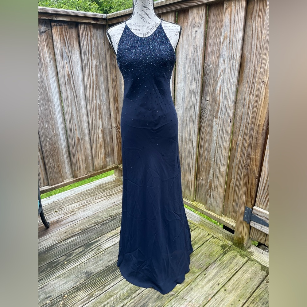 Elegant Navy Blue Evening Dress Floor Length - Picture 2 of 9